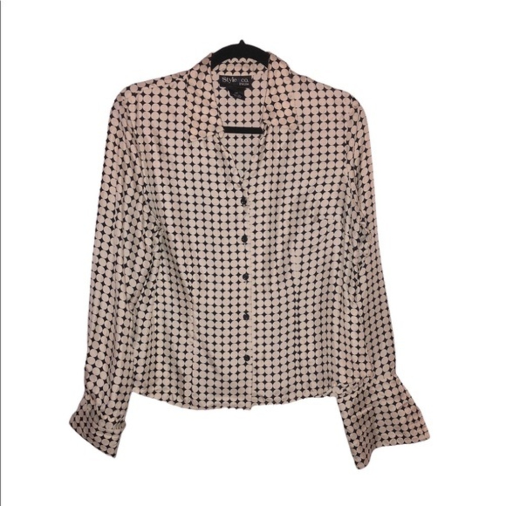 Style & Co. 100% silk black and ivory long sleeved French cuff dotted blouse